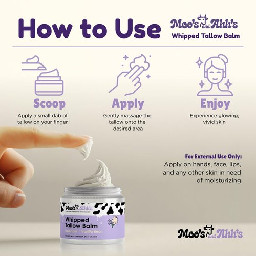 Moo's and Ahh's Whipped Tallow Balm - Beef Tallow for Skin with Organic Centella and Olive Squalane | Grass-Fed Beef Tallow Face & Body Moisturizer for Dry Skin (2 Oz, Lavender + Vanilla Bean)
