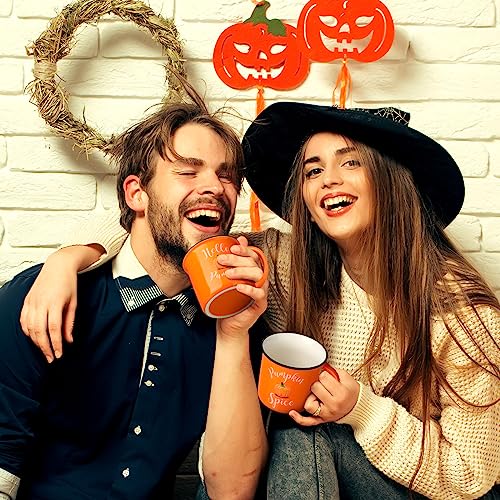 Pumpkin Mugs Set of 2 - 14 oz Ceramic Fall Coffee Cups for Halloween Thanksgiving