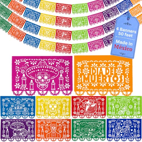 Day of the Dead Papel Picado Decorations - Rainbow Calaveras Banner 50 Feet