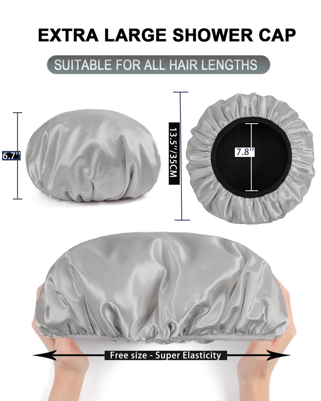 YIZIJIZI Triple Layer Reusable Waterproof Shower Cap for Women Large Terry Lined Hair Cap for Long Thick Hair Travel Bath Care Grey
