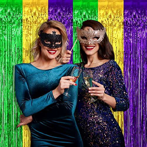 8 Pack Mardi Gras Foil Fringe Curtain Backdrop - Gold Green Purple Variations