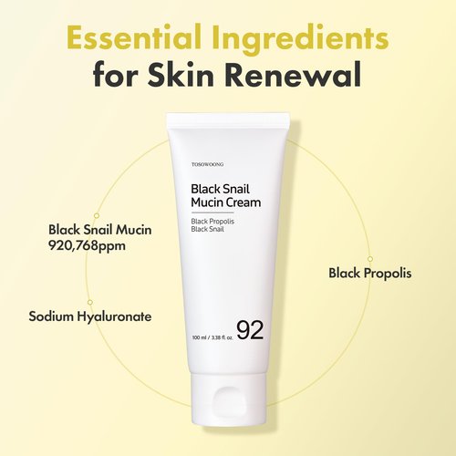TOSOWOONG Black Snail Mucin 92% Face Cream, 920,768ppm Black Snail Mucin, Propolis, Lightweight Moisturing Cream for Soft, Glowy Skin, Moisturizer Face Cream, Korean Skin Care, 100ml, 3.38 fl.oz.