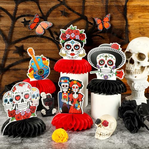 Day of the Dead Decorations - Honeycomb Table Centerpieces with Varying Styles - 8 Pieces