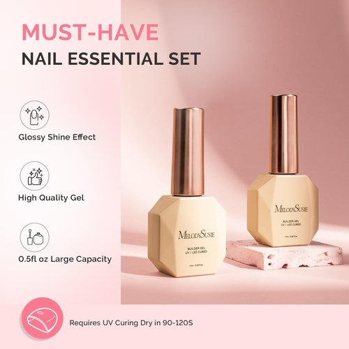 MelodySusie 2PCS 15ML Nude and Pink Builder Gel Set for Nails Thickening, Soak Off UV Extension Gel Rhinestone Glue in a Bottle for Nail Art Design Gift for Women DIY Manicure at Home