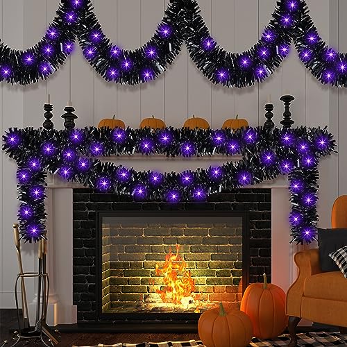 Halloween Tinsel Garland with 50 LED Lights, Black and Purple, 16.4ft Decor