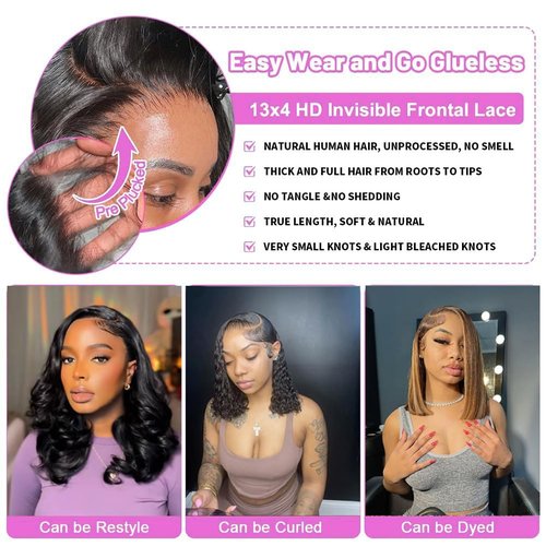 Rnsnwiee Short Bob Wig Human Hair Straight 13x4 Frontal HD Transparent Lace Front Wigs 100 Percent Real Human Hair Black Bob Wig for Women Pre Plucked 180% Density Natural Color 10 Inch