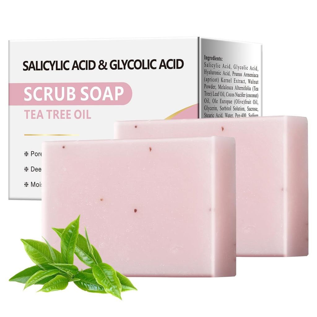 YAFUSIPE Salicylic Acid Scrub Soap, Face Bath Soap Bar with Glycolic Acid Tea Tree, Exfoliating Face Body Wash for Women & Men Anti-blemish Acne Strawberry Legs Ingrown Hair Keratosis Pilaris 200g/7OZ