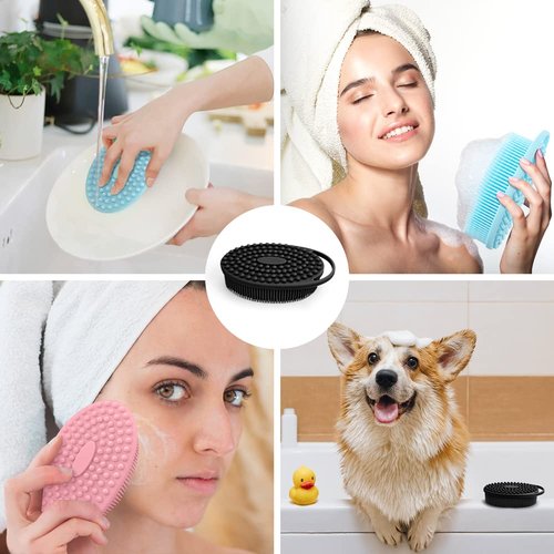 PQRUU 3 Pack Silicone Body Scrubber, Exfoliating Soft Loofah, Scrubber Fit for Sensitive and All Kinds of Skin, Clean Sanitary, Rapid Foaming Black+blue+pink