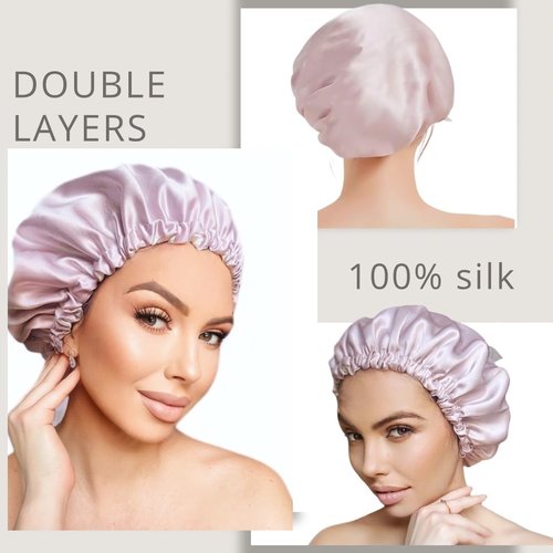100% Pure Mulberry Silk Bonnet for Sleeping, Double Layer Silk Hair Bonnet, Silk Hairband & Face Wash Headband Set,Silk bonnet with adjustable strap, Silk Night Cap for curly hair , (PinkChampagne)