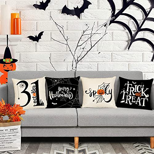 Halloween Pillow Covers 22x22 Set of 4 Black Spider Webs Bat Decor - Trick or Treat