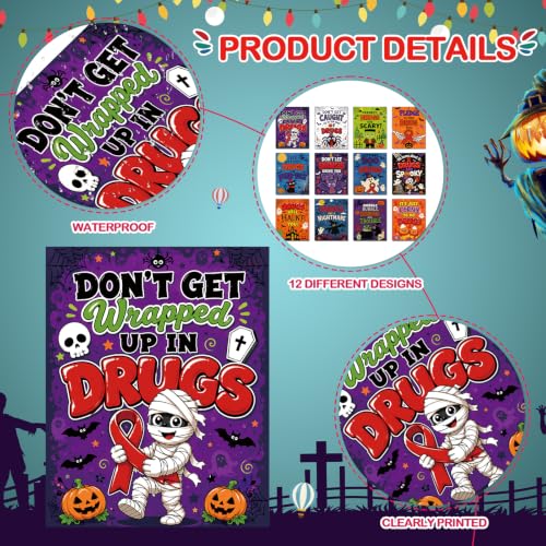Red Ribbon Week Posters Set - Spooky Halloween Themed Anti-Drug Decorations, 12 Pack