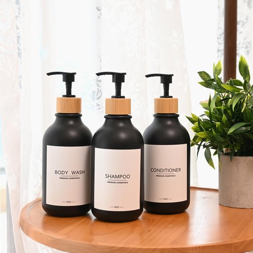 GlrYer Shampoo and Conditioner Frosted Bottles Bamboo Pump, Refillable Shampoo Empty Bottles for Lotion Oil Shower Soap Dispenser (6p-Black)
