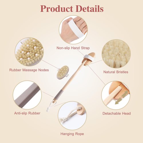 ÖkoStamm Dry Brushing Body Brush - Natural Bristle Dry Brush Set with 2 Detachable Heads, Wooden Long Handle Dry Body Brush for Lymphatic Drainage, Exfoliating and Cellulite Treatment