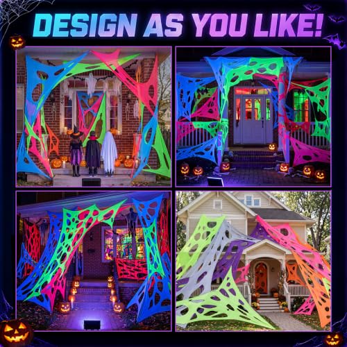 Glow in The Dark Halloween Spider Web 1500 Sq Ft with Black Light & Stakes - 5 Colors