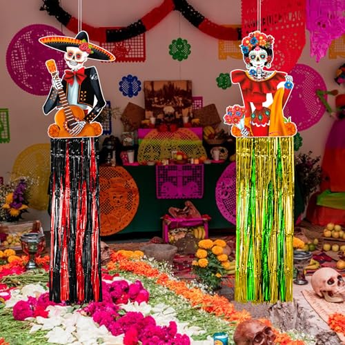Day of the Dead Hanging Decorations - 6 Pieces, Colorful Skull & Tassel Set