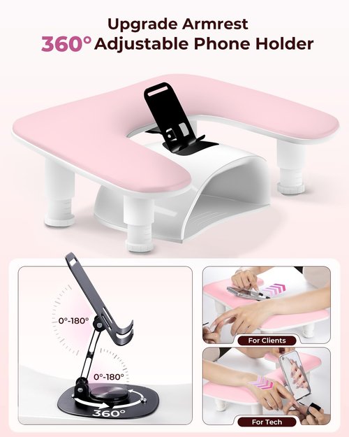 Arm Rest for Nails Tech with Phone Holder,Adjustable Nail Hand Rest for Acrylic Nails,PU Leather-Pink