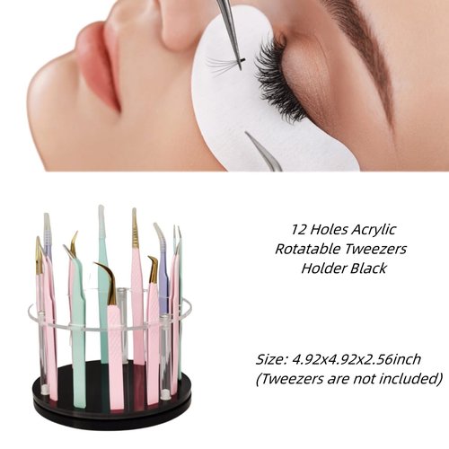 LIXIMMAZN 12 Holes Acrylic Rotatable Tweezers Holder, Eyelash Makeup Grafting Tweezer Display Stand Extensions Organizer Training Rack Beauty Tools (Black)