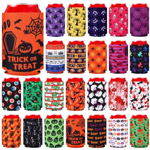 Halloween Can Cooler Sleeves 24 Pack - Horror Style Neoprene Drink Covers - 12oz