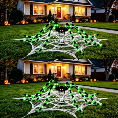 2 Pack Light-Up Halloween Giant Spiders with Green LEDs - 8 Modes, 6.7 FT Wide, Outdoor Indoor Decor