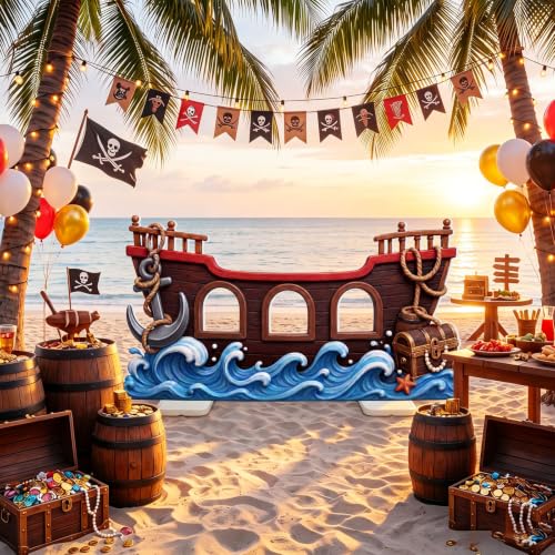 Pirate Ship Cardboard Cutout Stand Up - 4.4 ft Nautical Photo Backdrop for Parties