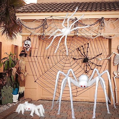 Large White Halloween Hairy Spider Prop - Scary Indoor Outdoor Decor Set of 3