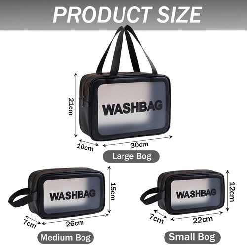 BIRDDIE Clear Travel Bags for Toiletries,3 Pack Toiletry Bag,Matte Translucent Toiletry Bag,Makeup Bag With Handy Handle,Travel Pouch,Makeup Cosmetic Organizer for Travel Essentials(Black)