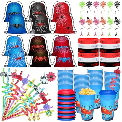 Spider Party Favors Set - Spider Theme Birthday Party Supplies - Includes Cups, Straws, Wristbands & Bags - Variation: Spider Party Favors