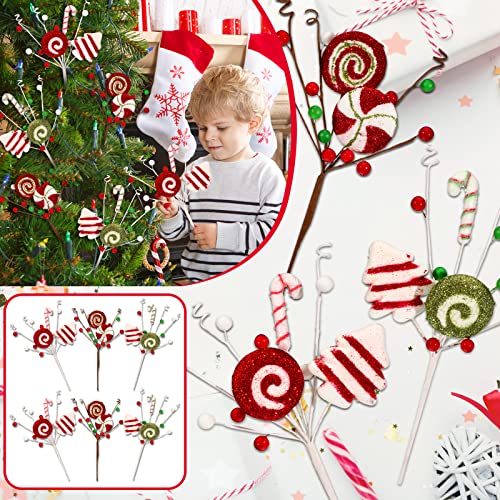 Set of 6 Christmas Candy Cane Tree Picks - Holiday Decor, Red Green White Stripes