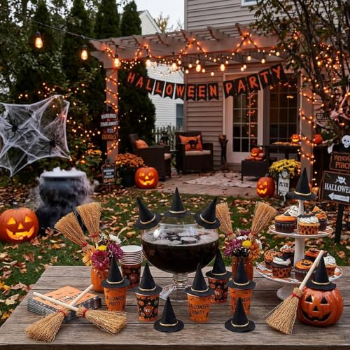 Mini Witch Hat and Broom Set for Halloween Decorations - 24PCS