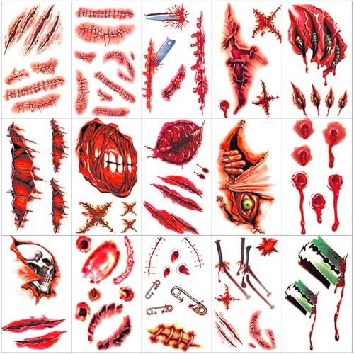 Zeecdatoo Red Halloween Fake Scar Wound Tattoos Kit - 30 Sheets, 220+ Temporary Face Tattoos for Zombie, Chucky Costume