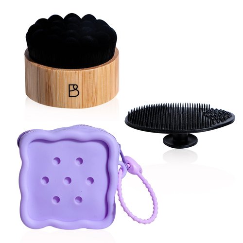 BS-MALL Silicone Facial Cleansing Brush Kit – Bamboo Face Scrub Brush with Silicone Storage Bag for Deep Cleaning, Exfoliation & Pore Cleansing – Travel-Friendly Sensitive Skin Care Tool