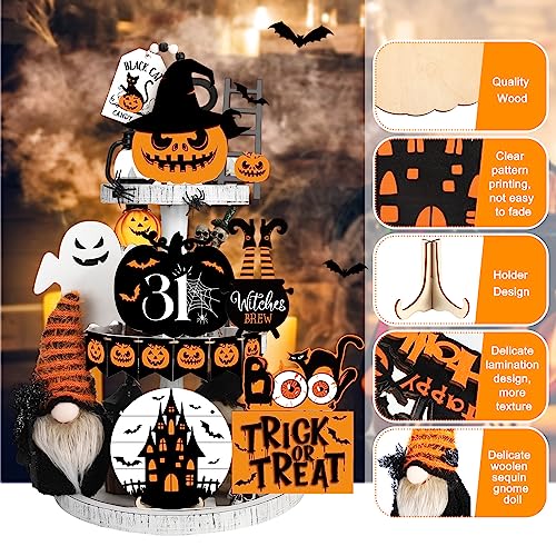 Halloween Wooden Tiered Tray Decor Set with Plush Gnome - 18 Pieces