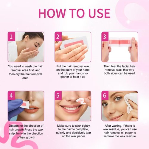 48 PCS Facial Wax Strips for Hair Removal on Face & Body | Gentle Rose Extract Formula for Sensitive Skin | At-Home Waxing Kit for Eyebrows, Upper Lip, Bikini, Brazilian with 6 Calming Oil Wipes