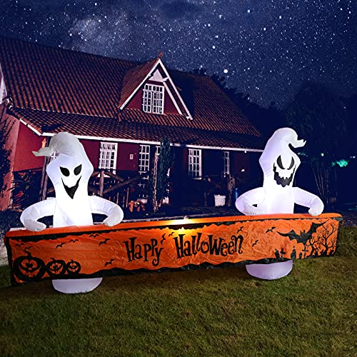 8FT Ghost Inflatable Halloween Yard Decor with Happy Halloween Banner - Outdoor Lighted Ghosts