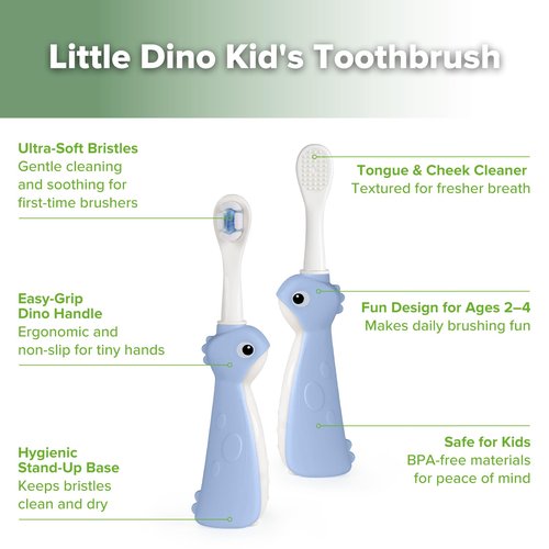 haakaa Dinosaur Toothbrush for Kids 2-4 – Soft Bristles Baby Toothbrush for Toddlers with Silicone Handle, Non-Slip Grip & Tongue Cleaner, BPA Free - Blue, 1 Count