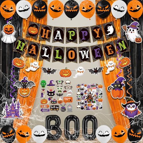 Halloween Party Decorations Set - Black & Orange Halloween Festive Supplies, 112 Pieces with Banners, Balloons & Props - Variation: Black Orange