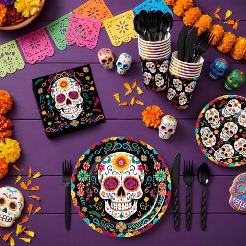 Day of the Dead Party Supplies Set - Sugar Skull Plates Napkins Cups Silverware - Black & Colorful Design