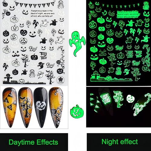 Halloween Nail Art Stickers with 3D Fluorescent Spider Design - Self-Adhesive Decals for Manicure DIY