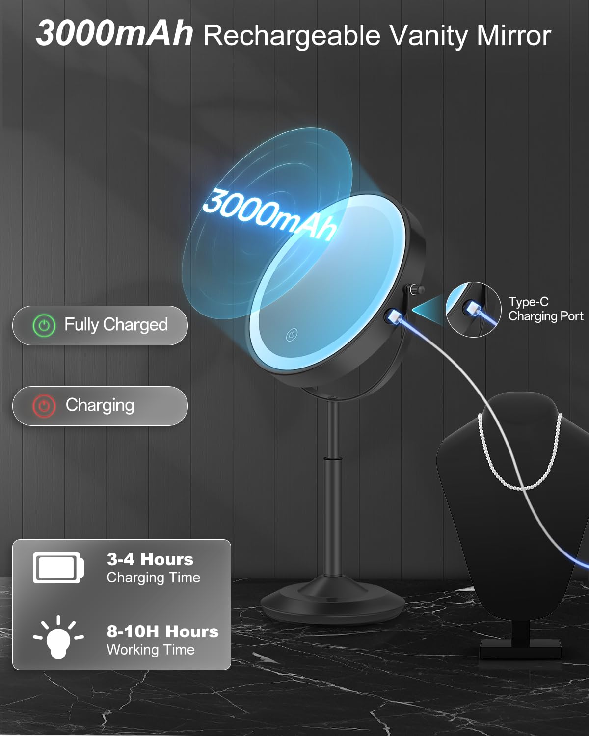 vpu Makeup Mirror with Lights, 1X/30X Lighted Magnifying Mirror Height Adjustable, 3000mAh Rechargeable Double Sided Vanity Mirrors with 3 LED Lighting and Adjustable Brightness for Desk Women Gift
