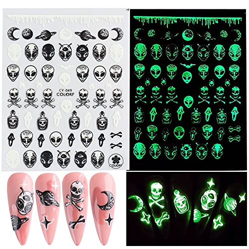 Luminous Halloween Nail Stickers Set - 3D Skull, Ghost, Pumpkin Decals - Self-Adhesive, 6 Sheets