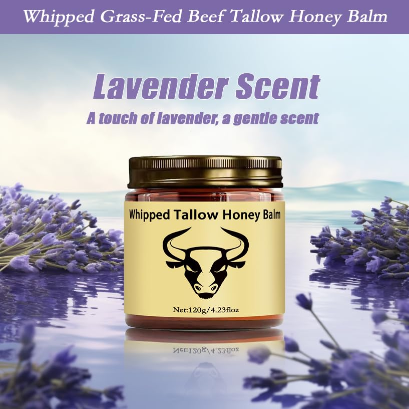 WAESKI Beef Tallow for Skin - Whipped Tallow Honey Balm, Lavender, Deep Moisturization, Natural Hydrating Cream, Relief for Dry & Sensitive Skin 2.11oz