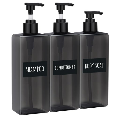 Segbeauty 16.9oz Shampoo Bottles Refillable Pump Bottle, 3pcs Shower Bottle Soap Dispenser with Labels, 500ml Gray Empty Plastic Square Shampoo Conditioner Dispenser, Body Wash Containers for Bathroom