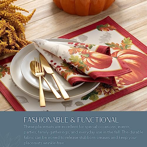 Autumn Leaf Bordered Fall Placemats Set of 4 - 13x19 Inches, Polyester Table Decor