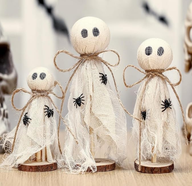 Primitive Halloween Ghost Decorations Set - Wooden Stand & Spooky Crafts, Indoor Halloween Decor, 3 Sizes