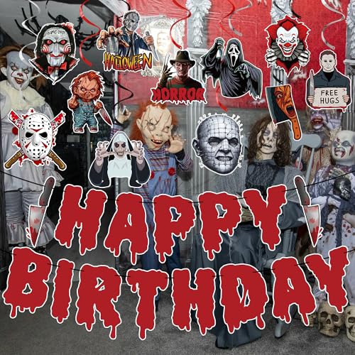 Halloween Horror Birthday Decorations Set with Banner & Hanging Swirls