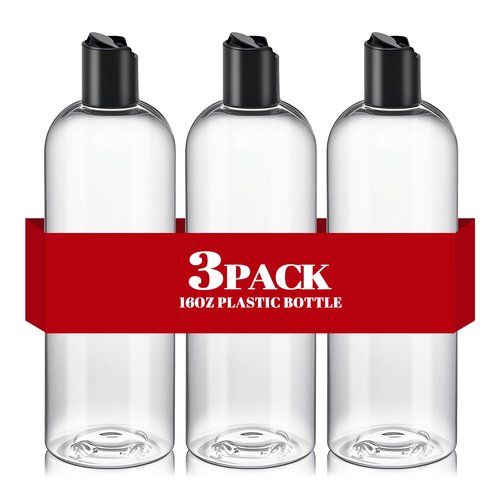 3Pcs 16 oz Clear Plastic Refillable Travel Shampoo and Conditioner Bottles with Black Disc Top Caps，Squeeze Empty Bottles Cosmetic Containers for Lotions, Body Soap Cream