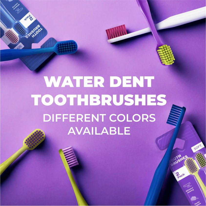 WATER DENT Medium Soft Toothbrush for Adults | Ultra-Dense Rounded Bristles | Gentle on Gums | Deep Plaque Removal | Whiter Smile | Suitable for Braces | 2 Pack Multicolor