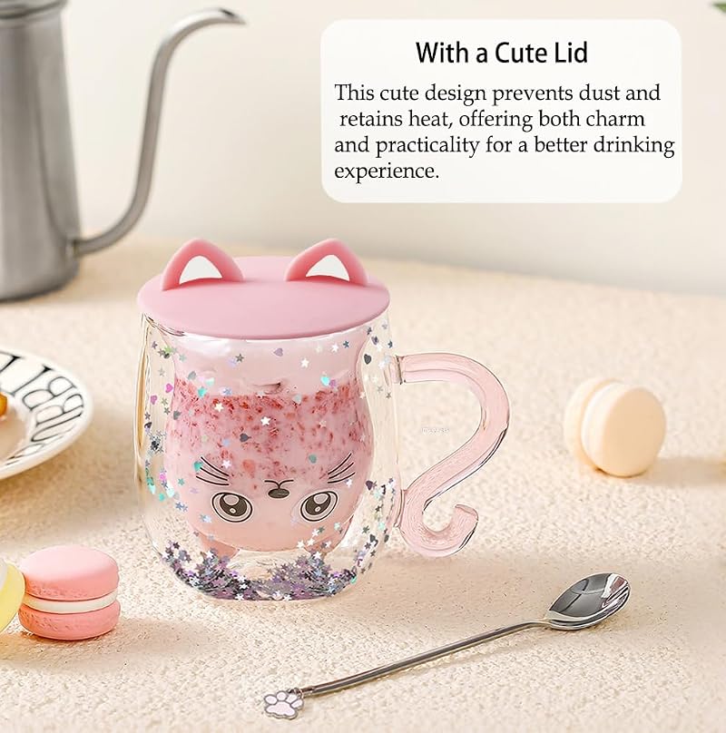 Glittery Pink Cat Mug - Double Walled Glass Coffee Latte Cup for Cat Lovers