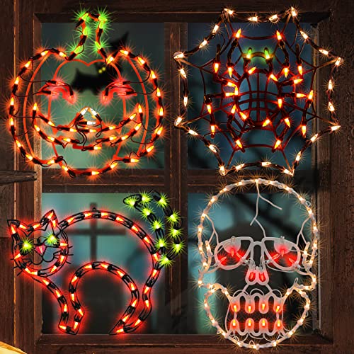 Halloween Lighted Window Silhouette Decorations Set - Jack-O-Lantern, Skull, Cat & Cobweb - 4 Pieces, Indoor & Outdoor Use