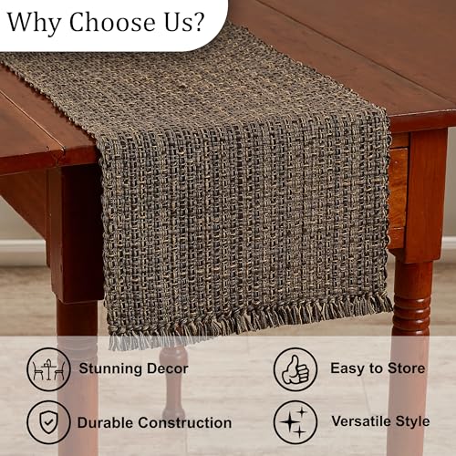 Tweed Table Runner 13x36 Inches - Black Espresso, Farmhouse Rustic Decor with Frayed Edges